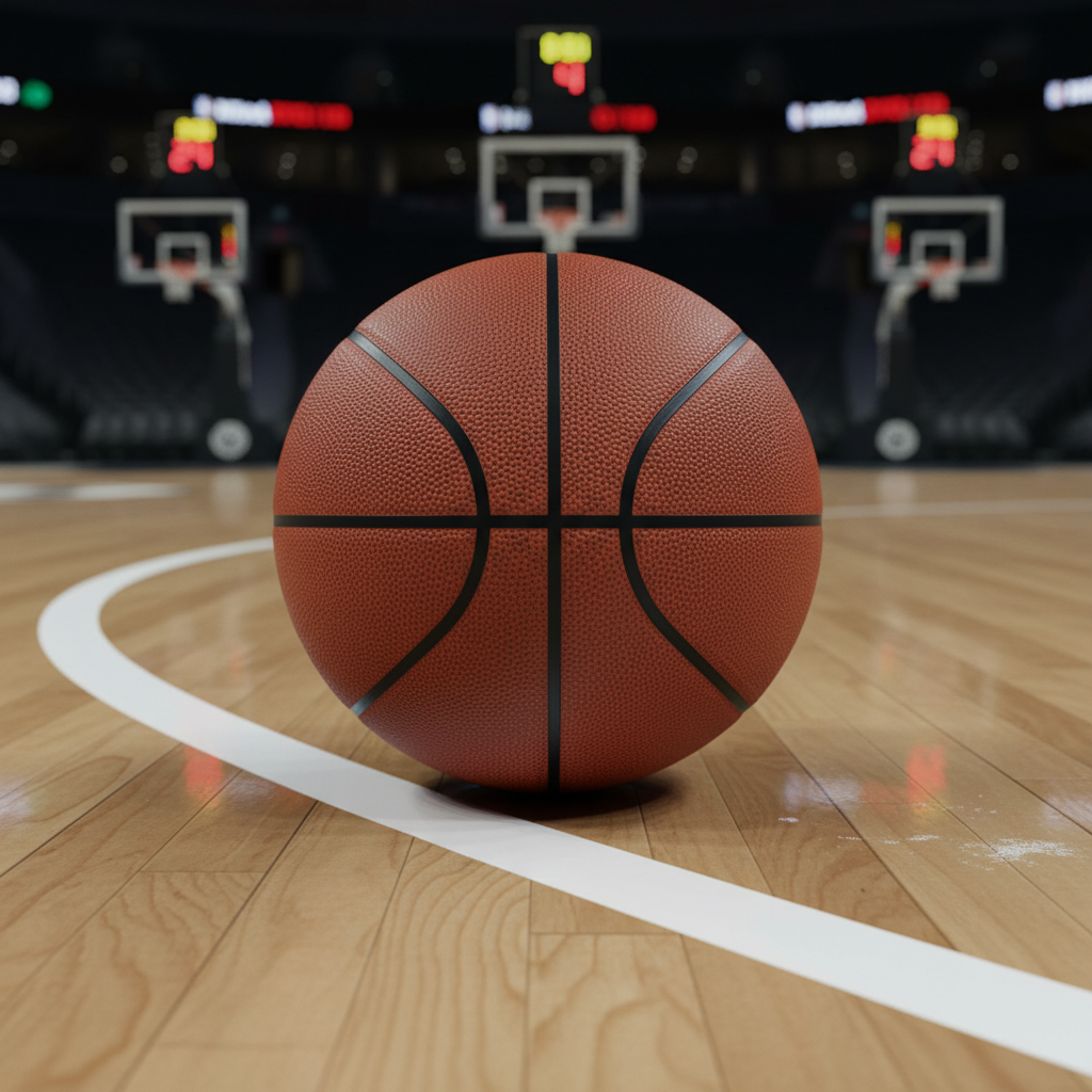 A close-up of a modern composite basketball placed precisely on the three-point line of an NBA-style hardwood court, the orange surface textured with pebbled detail and black seams sharply defined. The arc of the three-point line curves elegantly beneath it, with faint chalk-like residue near the paint. Cool, balanced arena lighting from above highlights the ball’s texture and produces subtle, directional shadows. In the softly blurred background, digital shot clocks and glass backboards are barely discernible. The composition uses rule of thirds with photographic realism, creating a sleek, analytical atmosphere suitable for discussing evolving offensive playstyles.