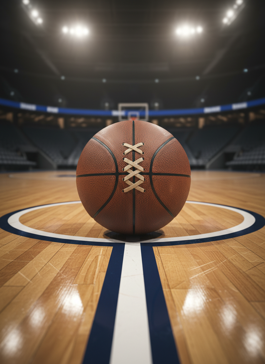 A meticulously detailed, vintage leather basketball resting at center court on a freshly waxed hardwood floor, each plank showing subtle grain and scuff marks from years of play. The painted center-circle lines are crisp navy and white, converging beneath the ball. Overhead arena lights cast a clean, even glow, creating soft reflections in the polished wood and a faint halo around the ball. The stands fade into a gentle blur, emphasizing the court’s surface. Photographic realism, shot at eye level with a shallow depth of field, conveys a professional, reverent mood that celebrates the game’s history and evolving craft.