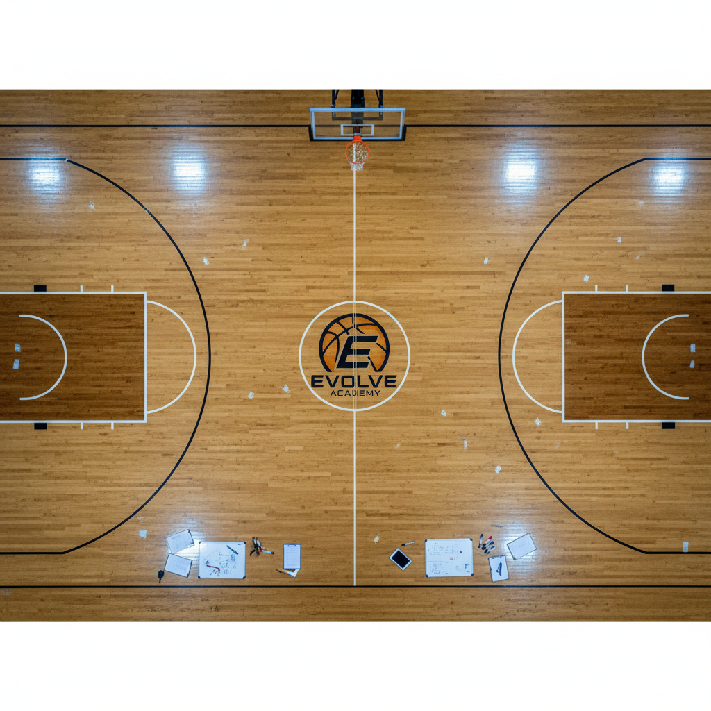 An overhead, bird’s-eye view of a full hardwood basketball court, every line and marking precisely visible: key, three-point arcs, hash marks, and center logo rendered in professional detail. The maple floor shows a mix of lighter and darker boards, minor scuffs, and tape residue that hint at years of strategy and adaptation. Cool, evenly distributed arena lighting ensures crisp visibility of all markings with minimal shadows. The empty sidelines feature neatly arranged clipboards, whiteboards, and a few scattered marker pens. Photographic realism with sharp focus throughout creates a tactical, diagram-like mood, perfect for illustrating evolving schemes and spatial concepts.